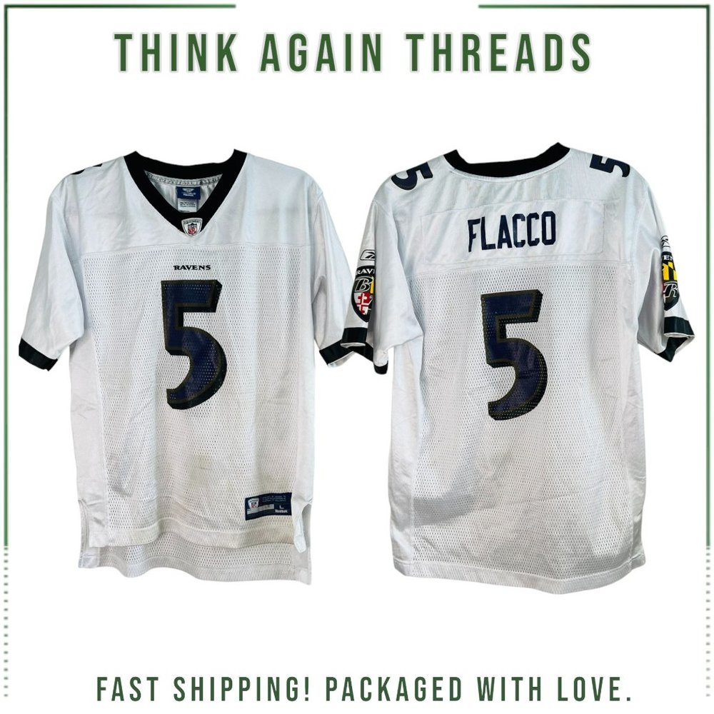 NFL ONFIELD Reebok Baltimore Ravens Flacco #5 Jersey White Boys Size Large 14-16
